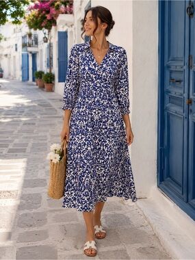 Zara Blue Floral V-Neck Vacation Outfit Coastal Long Dress Maxi Summer Dress